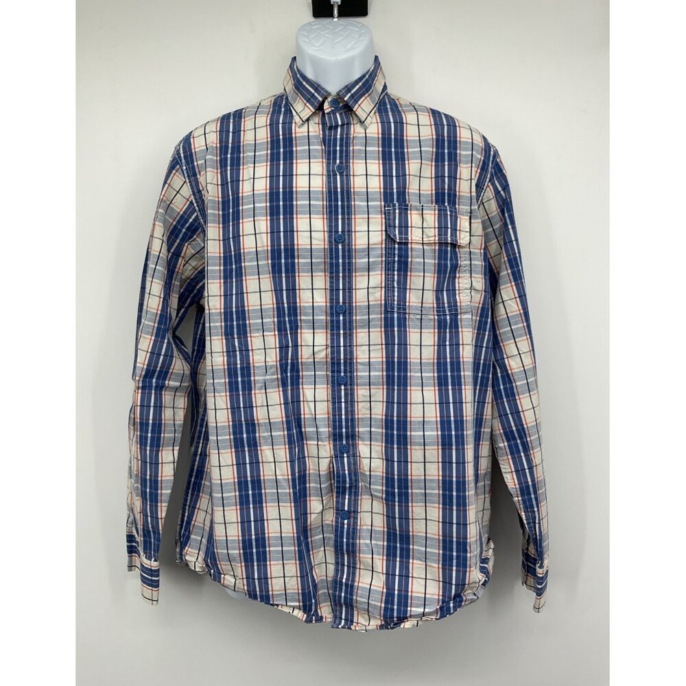 Izod Mens Plaid Button-Down Shirt Long Sleeve Medium Blue Orange White
